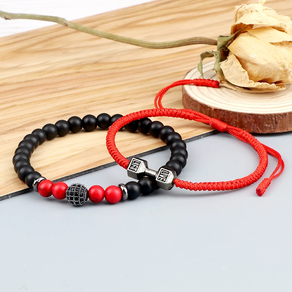 2pcs/Set Men Beaded Bracelet 6mm Charm Nature Onyx Stone Braided Strand Dumbbell hread Bracelets Women Barbell Fitness Jewelry