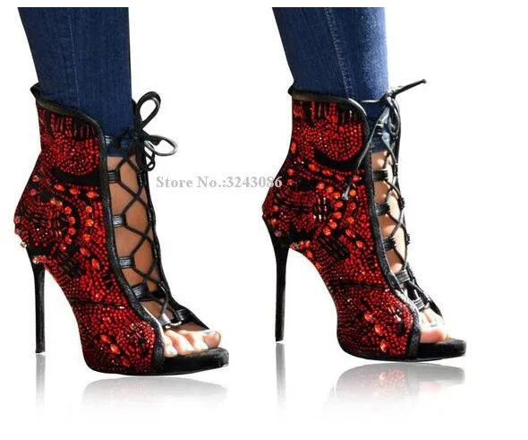 Lady New Red Rhinestone Sandals Boots Fashion Design Peep Toe Lace-up Gladiator Crystal Sandals Shoes Women Real Photos Heels