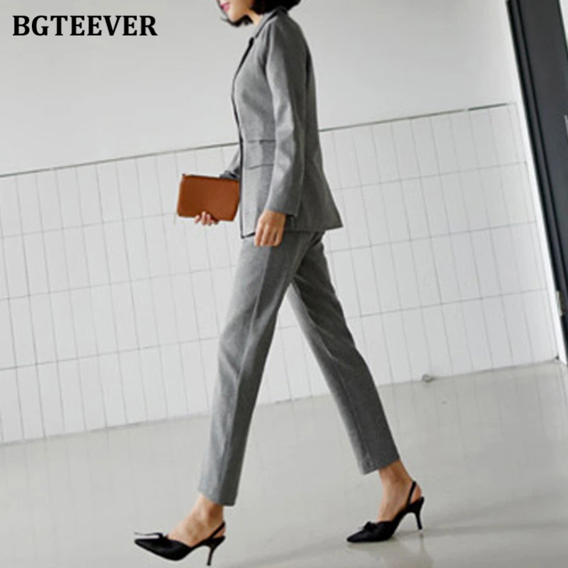 BGTEEVER Two-piece Women Trousers Suits Long sleeve Double Solid Blazer Pants Sets Office Ladies Elegant Pant Suits 2021 Autumn