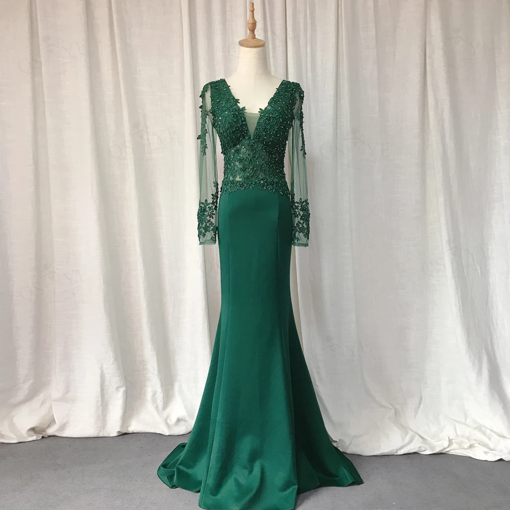 QSYYE Green Lace Prom Dresses Long Sleeves Elastic Mermaid Women Formal Party Gown Beaded Appliques V Neck Emerald Evening Dress