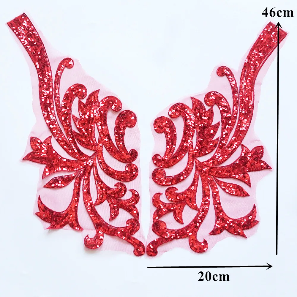 2 pezzi 46CM Appliques in tessuto di pizzo con paillettes rosse cucire su toppe maglia decorazione di cerimonia nuziale ricamo per abito da sera