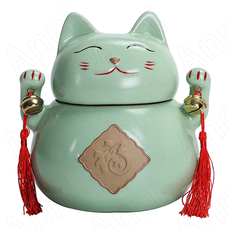 Cartoon Lucky Cat Tea Storage Japanese Modern Sealed Ceramic Ru Kiln Creative Double Layer Tea Canister Ornament Home Decoration