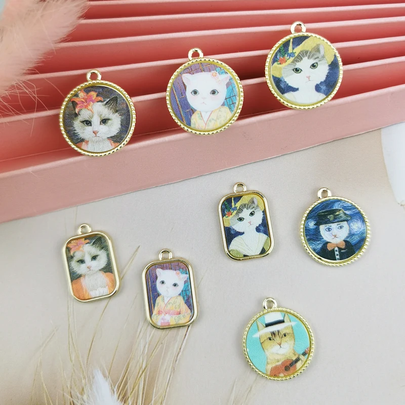 ApeUr 10pcs Kawaii Printing Metal Cabochon Cat Alloy Charms Cute Animals Earrings Pendant For Trend Jewelry Make Bracelet Dangle