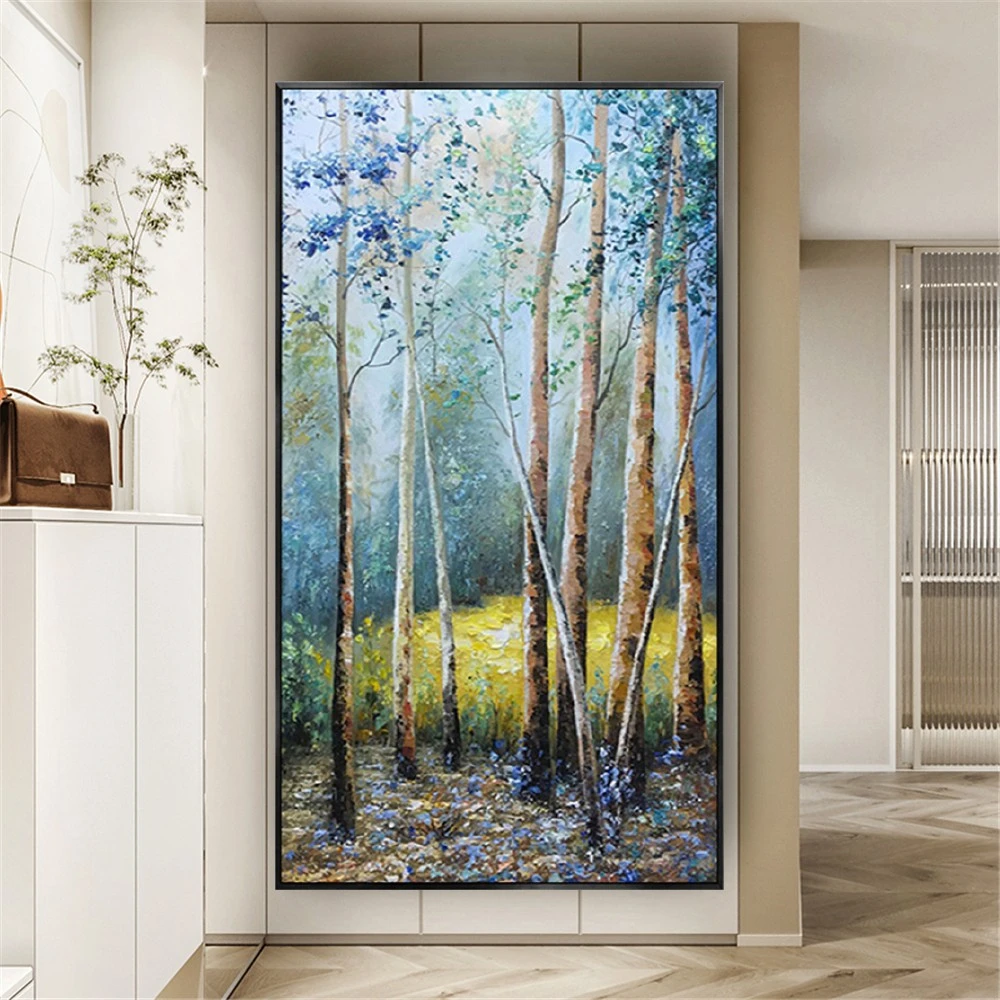 Imagem -03 - Pintados à Mão Green Life Tree Pintura de Lona Autumn Forest Wall Drawing Pictures Modern Living Room Decor Green Life Tree Canvas