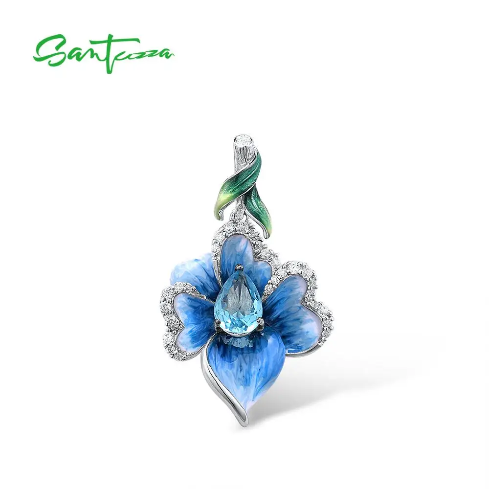 SANTUZZA Silver Pendant For Women Pure 925 Sterling Silver Exquisite Blue Orchid Flower Pendant Fine Jewelry Handmade Enamel