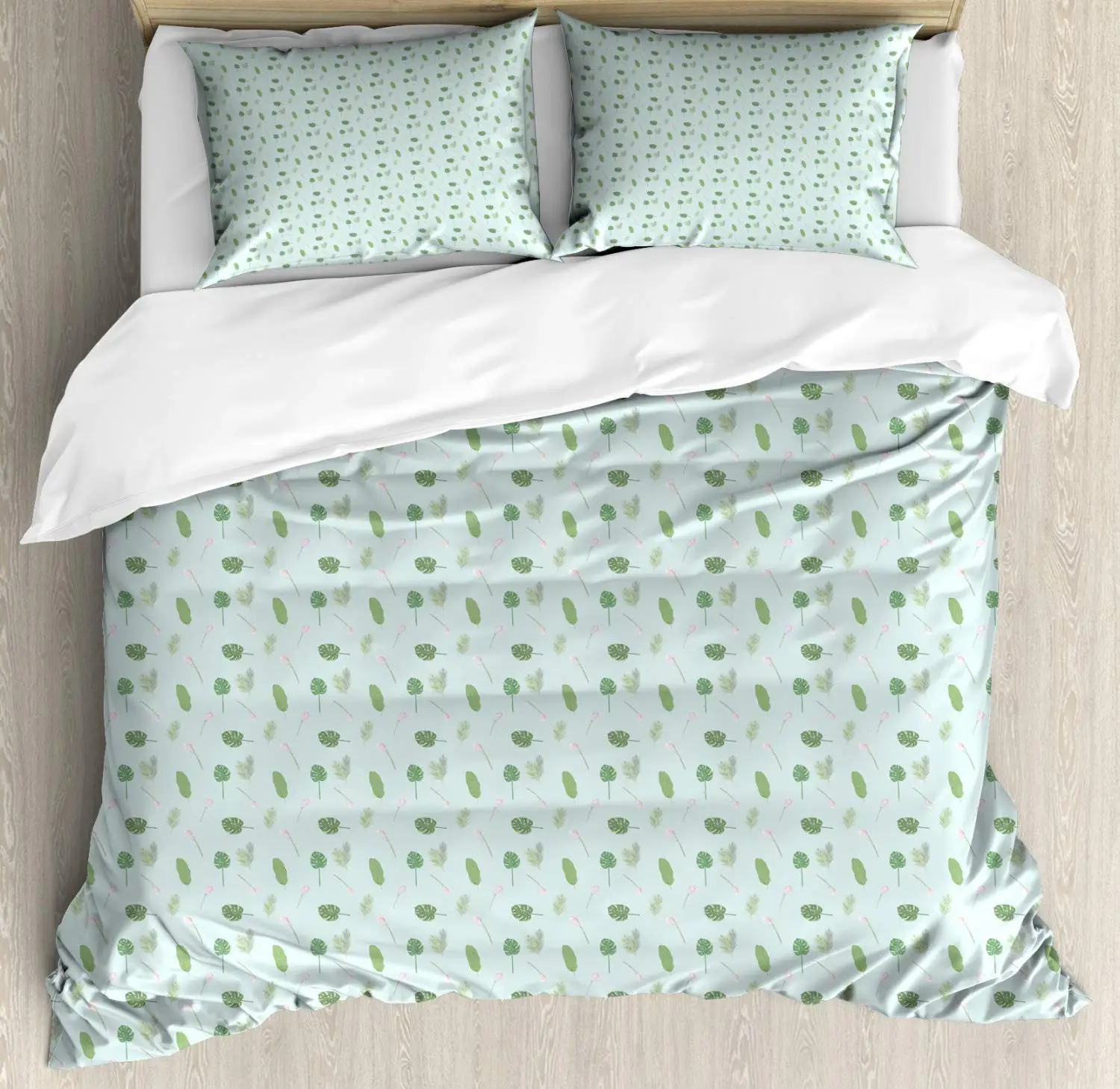 

Pastel Duvet Cover Set Botanical Leaves and Burgeoning Flowers 3 Piece Bedding Set Pale Blue Fern Green