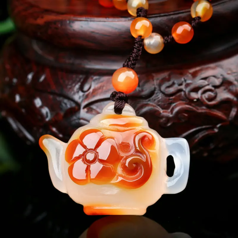 Wonderful calcedony teapot shape Pendant Amulet Nature vein Mala bead Necklace