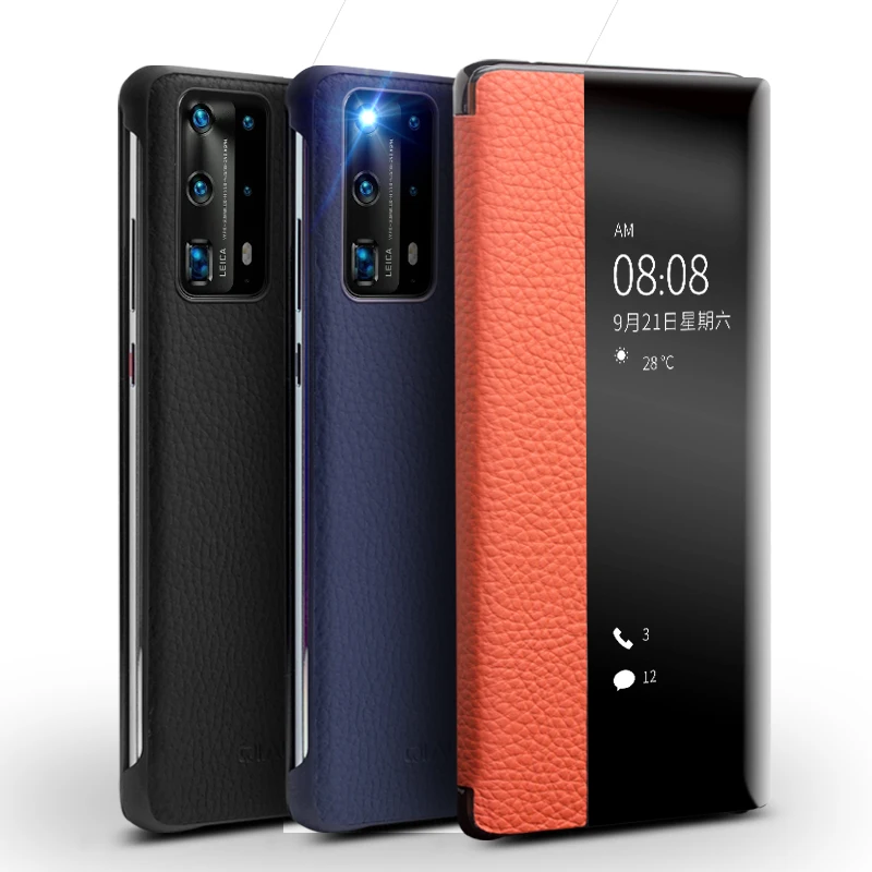 QIALINO Fashion Genuine Leather Flip Case for Huawei Ascend P40 Ultra Slim Phone Cover with Smart View for Huawei P40 Pro