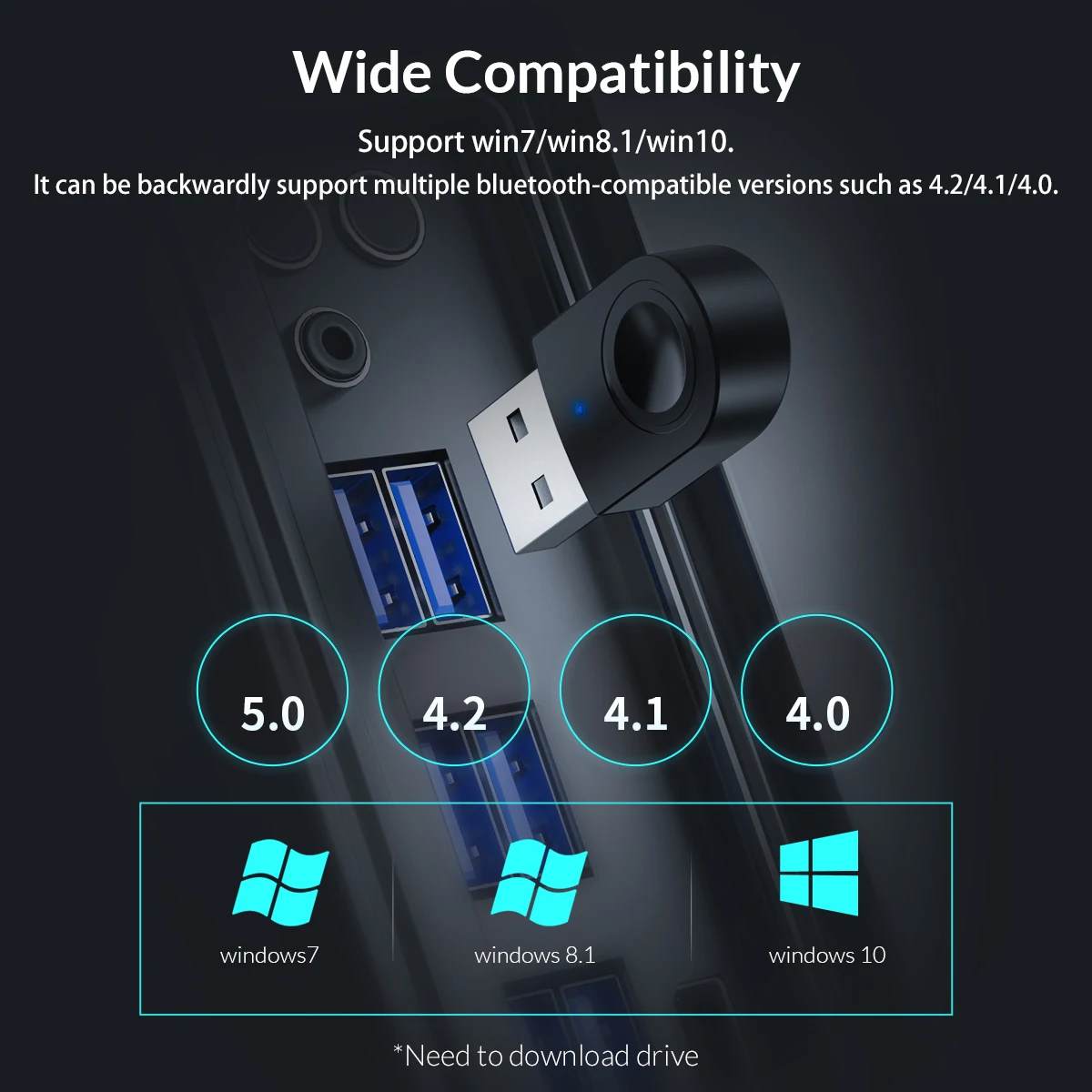 ORICO-무선 USB 블루투스 호환 어댑터 동글 5.0 휴대용 수신기 송신기, 윈도우즈 7/8/10 PC 노트북 키보드