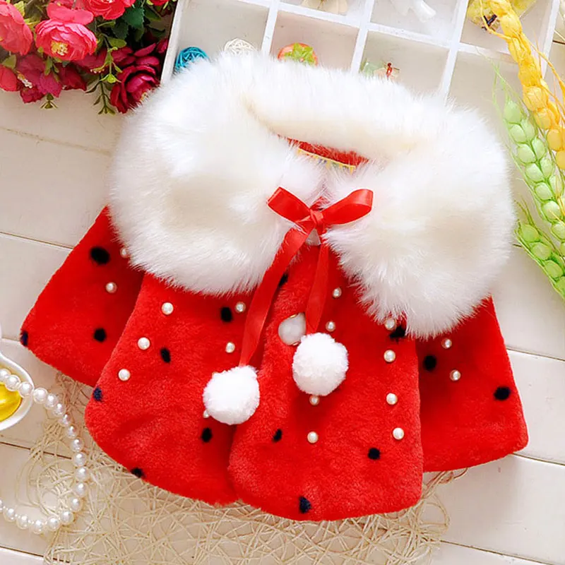 Fall winter Baby girls clothing cloak jacket outerwear for newborn baby girls clothes fur pearl Short Christmas birthday coats