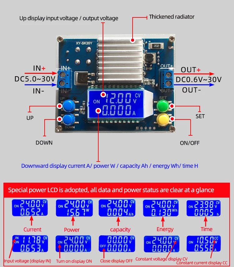 SK35Y DC DC Automatic Boost/Buck Converter CC CV Power Module 0.6-30V 4A 35W 5V 12V 24V Adjustable Regulated power supply