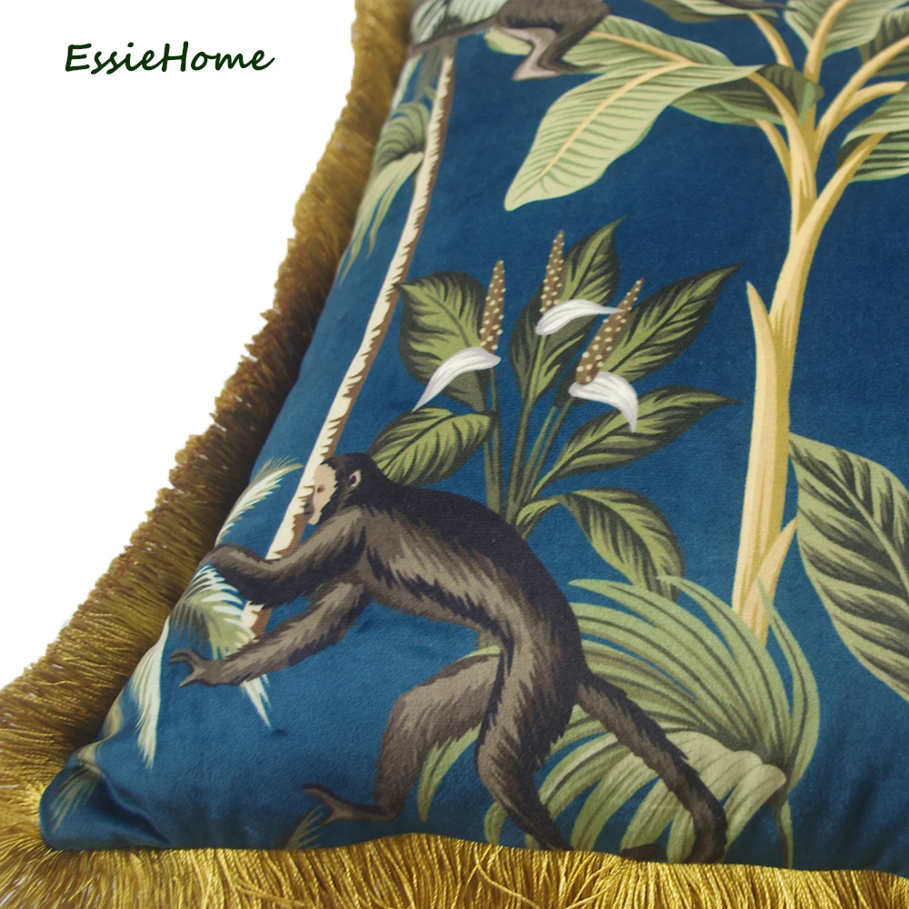 ESSIE HOME Tropical Plants Palm Leaves Animal Pattern Monkey Digital Print Velvet Cushion Cover Pillow Case With Gold Tassel