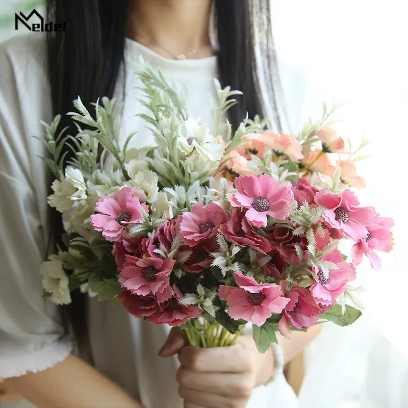 Meldel Mini Bouquet Artificial Fake Flower 15 Heads Silk Milan Bunch Flower Arrangement Wedding Party Home Festival Table Decor