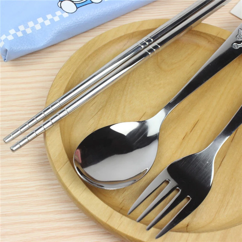 3PCS/Set Kawaii Cute Cat Stainless Steel Dinnerware Kitchen Supplies Chopsticks Utensil Flatware Spoon Fork For Kids Children