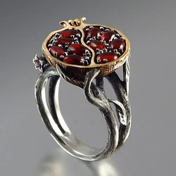 Vintage Fruit Red Pomegranate Stone Ring Garnet Tree Vine Fashion Boho Jewelry Personality Finger Silver Color Gifts O5S600