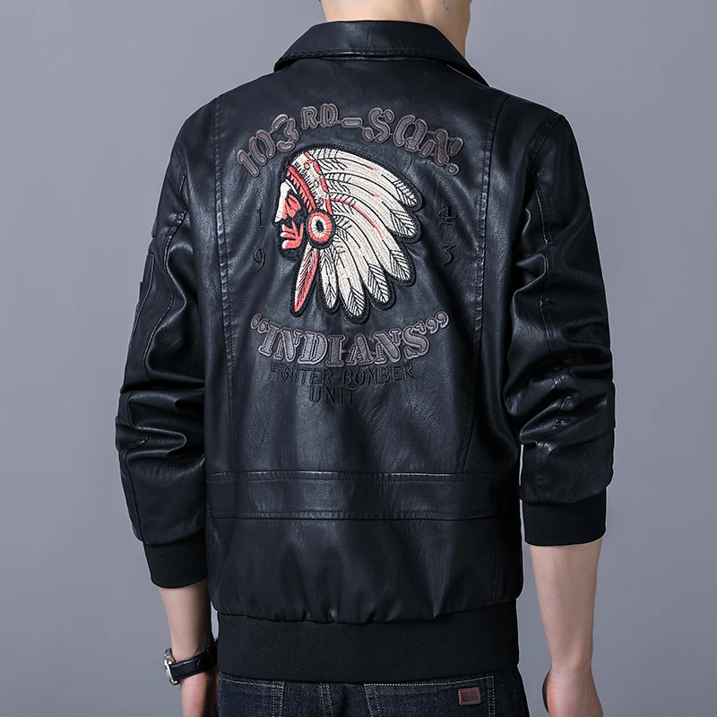 Indian Embroidered Leather Jacket for Male Korean Version of the Trendy Brand Air Force Pilot PU Motorcycle Quality Coat On Sale