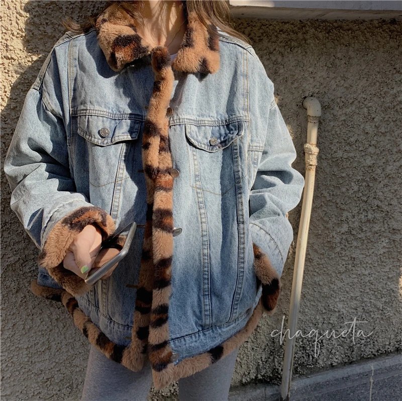 

Women's Oversize Short Leopard Parkas, Vintage Demin Jacket, Cotton Coat, Button Up Overcoat, Pockets Outerwear, Winter