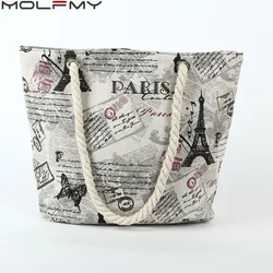 New Ladies Canvas Handbag Large Capacity Paris Tower Printed  Travel Shopping Bag Female Shoulder Crossbody Bag Beach Tote Bags