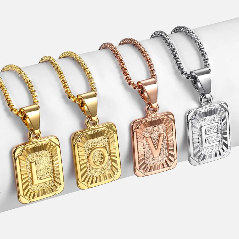 26 Initials Square Alphabet Pendant Necklace For Women Men Gold Color Name Charm Box Link Chain Best friend Necklaces Jewelry