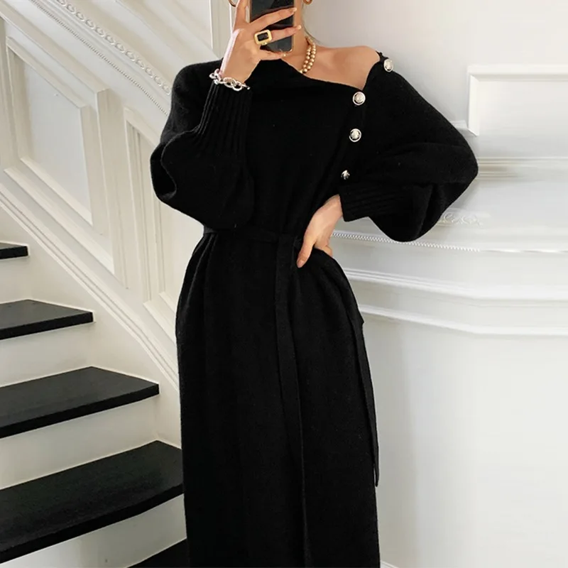 Winter Solid Knitted Sweater Dress Turtleneck Full Sleeve Elegant Midi Dress Buttons Dresses for Women Vestidos