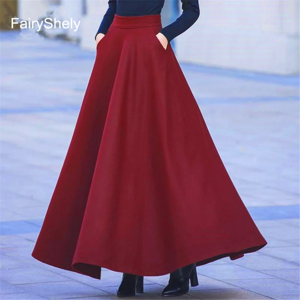 FairyShely Vintage Pleated Long Skirt Women 2025 Autumn Winter Woolen High Waist Black Skirts Female Flare Pocket