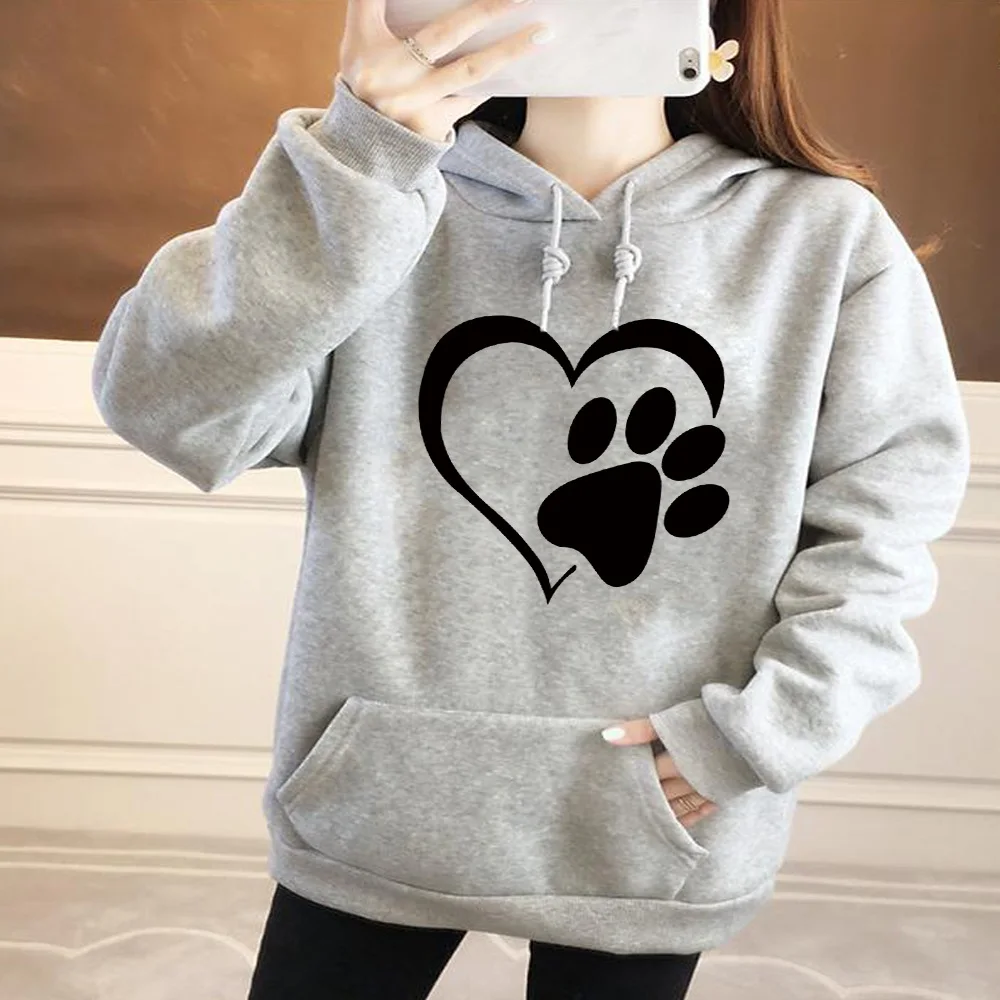 Women\'s Fashion Hoodie Loose Oversized Long Sleeve Sweatshirts Black Love Footprint Printed Clothing Ladies Harajuku Pullover