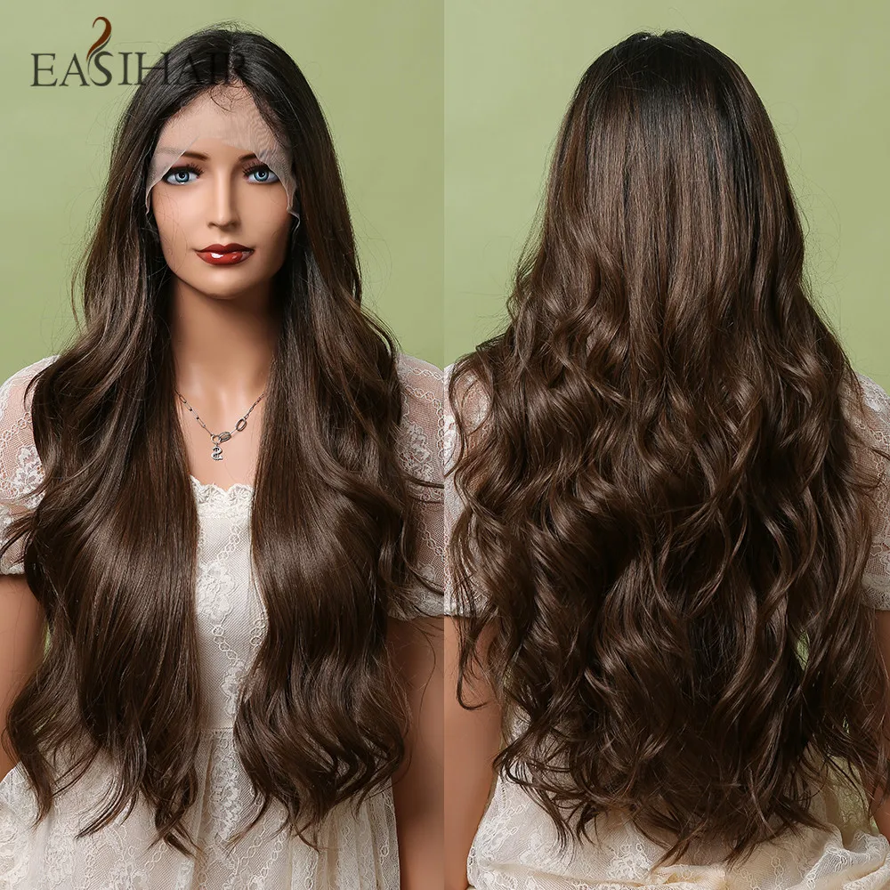 

EASIHAIR Long Dark Brown Lace Front Synthetic Wigs with Baby Hair Lace Frontal Wigs for Women High Density Heat Resistant Wig