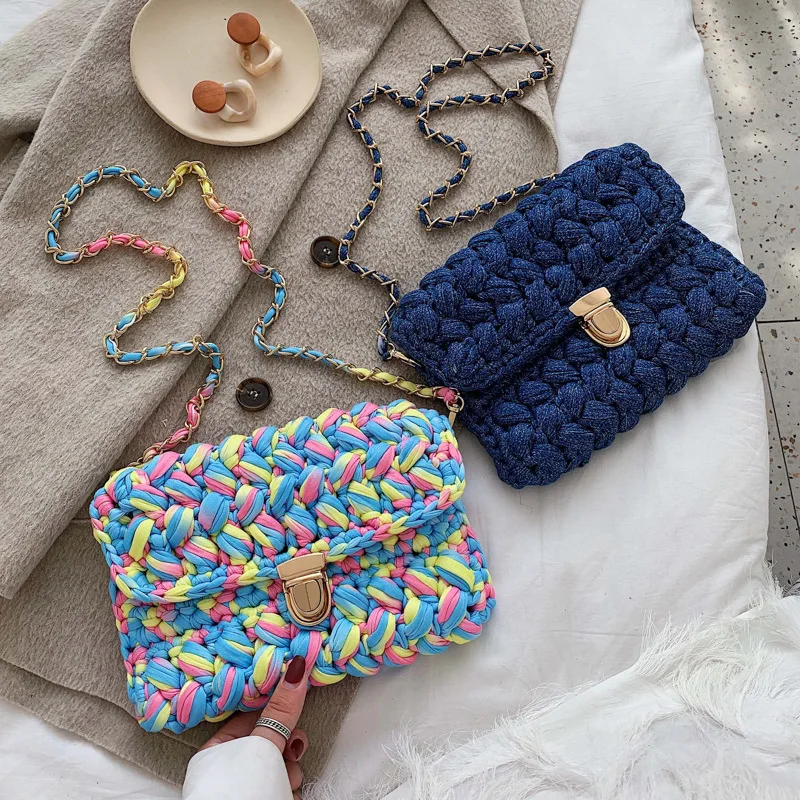 Multi color wool woven cotton colored thread Crocheted shoulder bag women's straddle bag chain strap shoulder bag