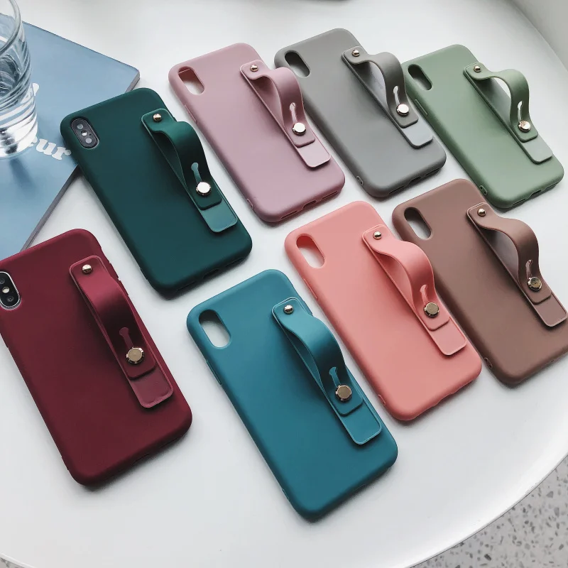 Simple Candy Colour Wristband Bracket Case For iphone11 12 13 14 Mini 15 Pro Max 8 7 plus X XR XS MAX Silicone Soft Cover