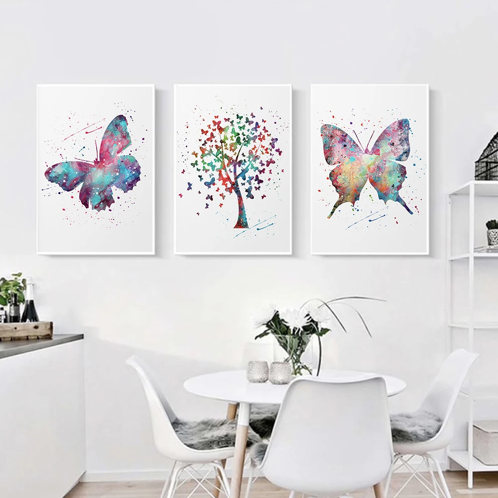 Colourful Butterfly Tree Print Canvas Painting Cute Nursery Baby Toddler Wall Art Pictures Nordic Girl Bedroom Decoration Poster