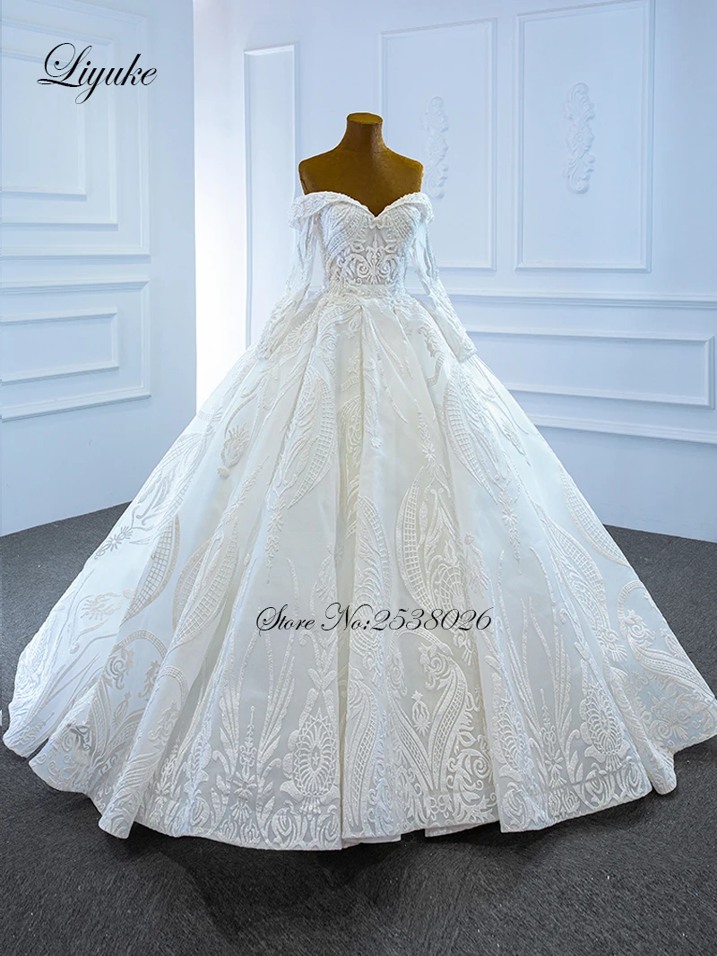 Liyuke Exquisite Off The Shoulder Long Sleeve Lace Ball Gown Wedding Dress With Corset Gorgeous Bridal Gown