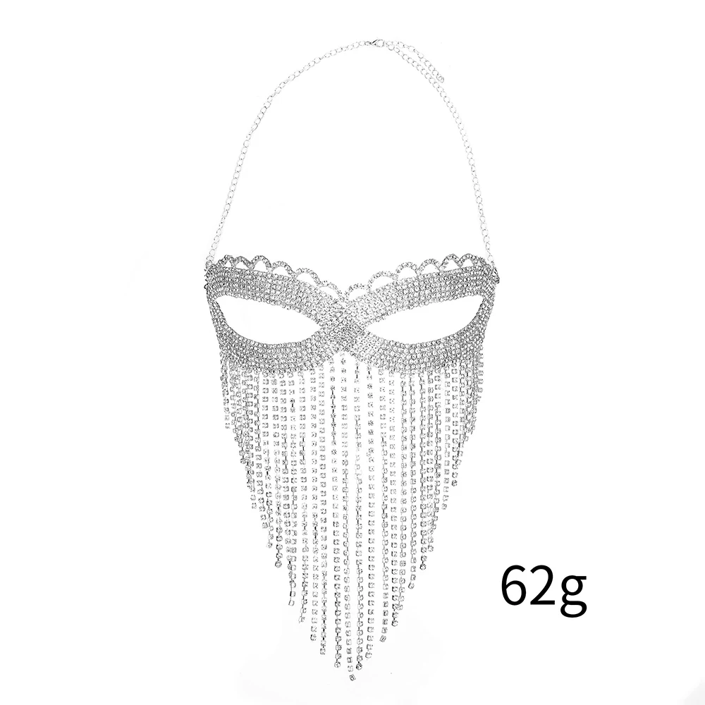 Masquerade Tassel Mask Women Halloween Handmade Rhinestone Silver Color Head Chain Cosplay Fancy Festival Party Jewelry Facemask