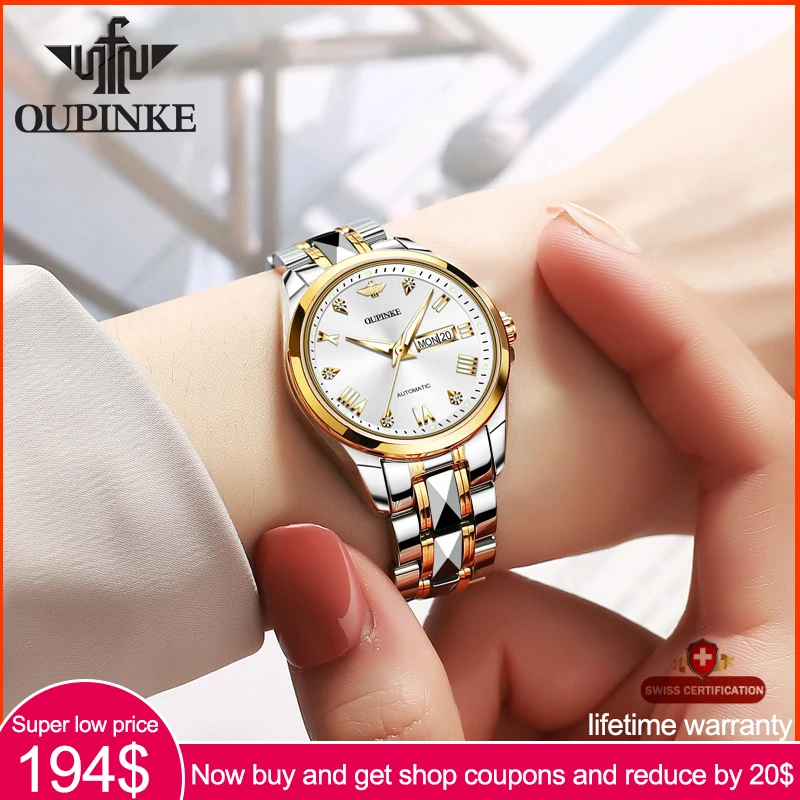 

OUPINKE Top Luxury Women Wristwatch Automatic Mechanical Waterproof Watch Sapphire Mirror Tungsten Steel Watchstrap Lady Watches