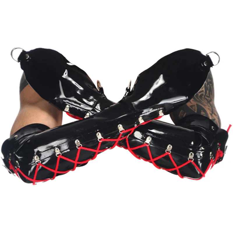 Black Sexy Long Latex Boxing Gloves With Lacing D Rings Belts Rubber Mitts Plus Size ST-0084