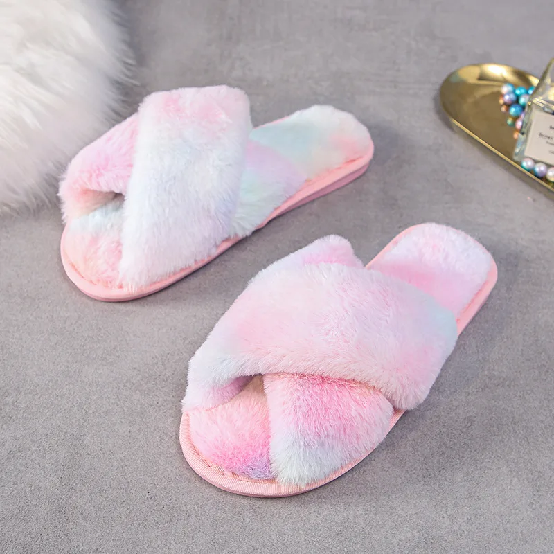 Warm Fluffy Slippers Women Cozy Faux Fur Cross Indoor Floor Slides Flat Rainbow Furry Shoes Ladies Female Celebrities Flip Flops