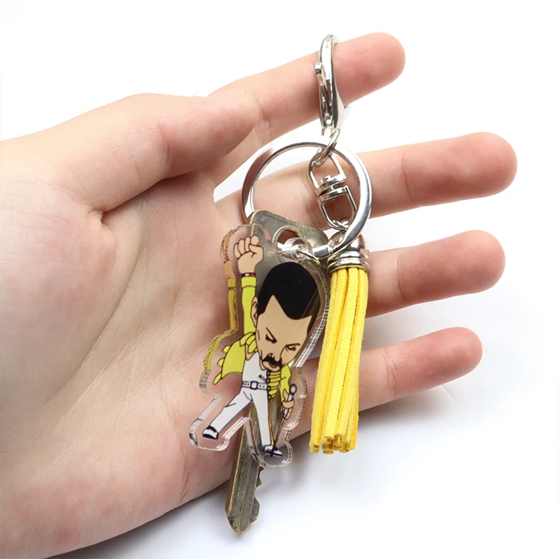 Freddie Mercury The Queen Band Keychain Tassel Charms Rock Star Figure Cartoon Acrylic Key Chain Keyring Let\'s Rock Cool Gesture