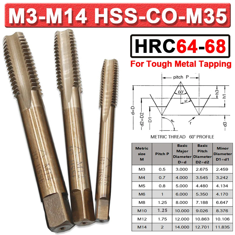 Métrica Série Torneira Conjunto m3 m4 m5 m6 m8 M10 M12 Mão Direita Máquina de Corte Torneiras para Aço Inoxidável Hrc64 Hrc64 Hss-co-m35