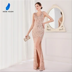 DEERVEADO Elegant Mermaid Party Dresses For Women V Neck Slit Evening Dress Sequin Formal Dress K16596