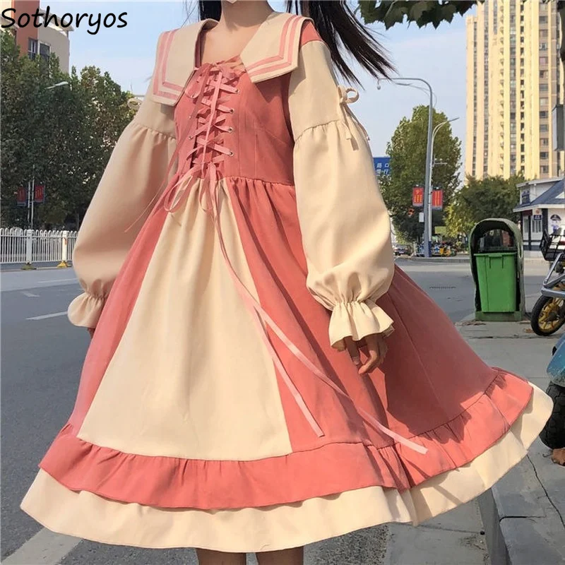 

Long Sleeve Dress Women Preppy Style Sailor Collar Sweet Bandage Cascading Ruffles Patchwork Bow Empire A-line Streetwear Trendy