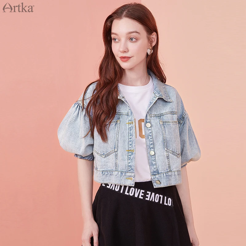 ARTKA 2020 Early Autumn New Women Denim Jacket Fashion Vintage Puff Sleeve Denim Coat Casual Loose Short Denim Jackets WN25003Q