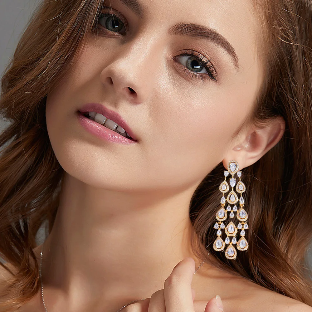 Pera High Quality African CZ Zircon Yellow Gold Color Long Dangle Chandelier Drop Earrings for Women Fashion Accessories E666