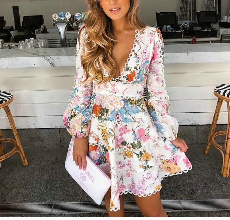 Printed Linen Dress Heather Flounce Short Dress Bohemian Beach Resort Deep V-neck Puff Sleeve Flare Dress