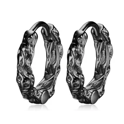 KOFSAC Vintage Black Irregular Texture Hoops Men Jewelry 925 Sterling Silver Earrings For Women Hip-Hop Party Accessories Gifts