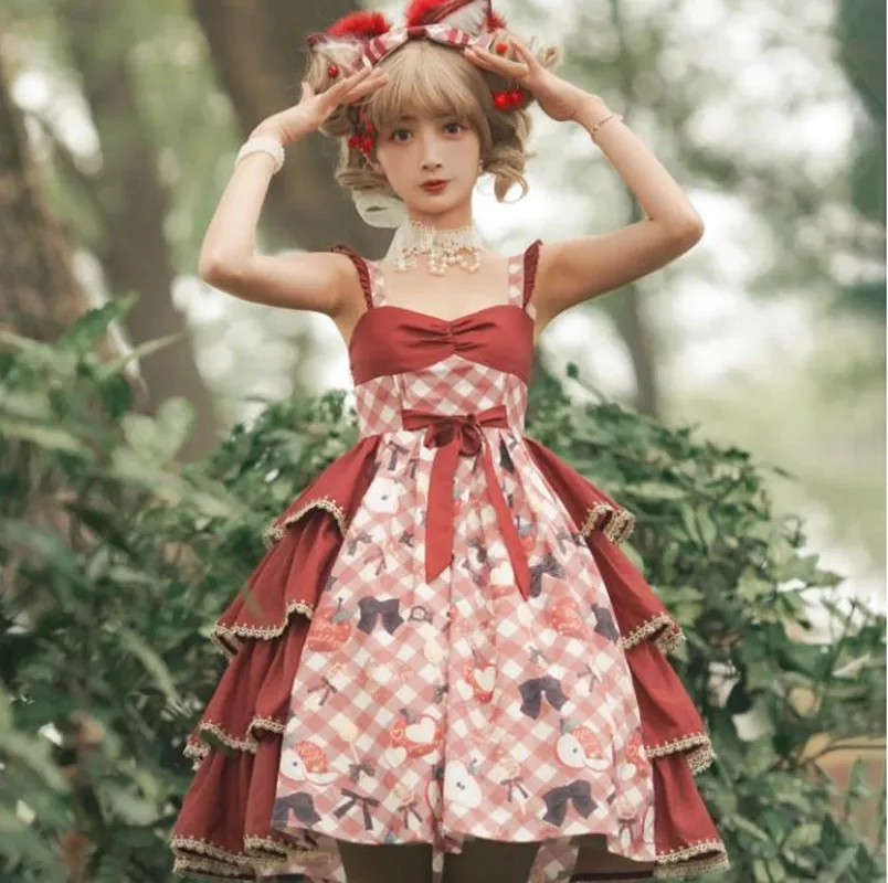 

Japanese kawaii girl sweet lolita dress vintage cute bowknot printing high waist victorian dress kawaii girl gothic lolita jsk