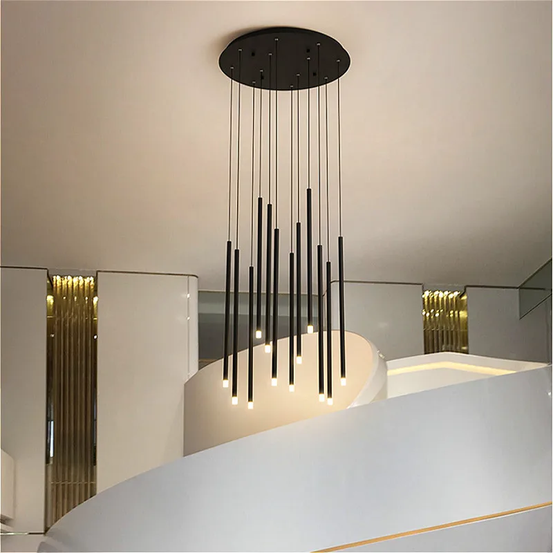 

Modern Staircase Chandeliers Lighting Golden Black LED Round Tube Chandeliers, Used For Spiral Staircase, Hotel Lobby, Club Hall