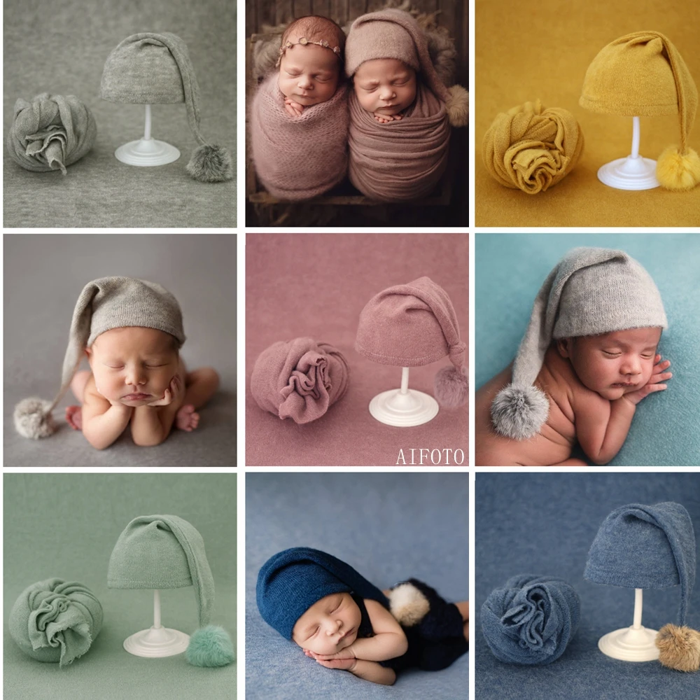 

2pcs/set Newborn Photography Props Blanket Hats Set Baby Boy Beanie Fur Ball Knitted Hat ,Baby Photo Props Cap Shoot Accessories