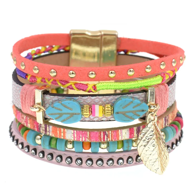 WELLMORE colorful bohemia bracelets for women leaf stone beaded leather bracelet charm Bracelets Female fashion Jewelry