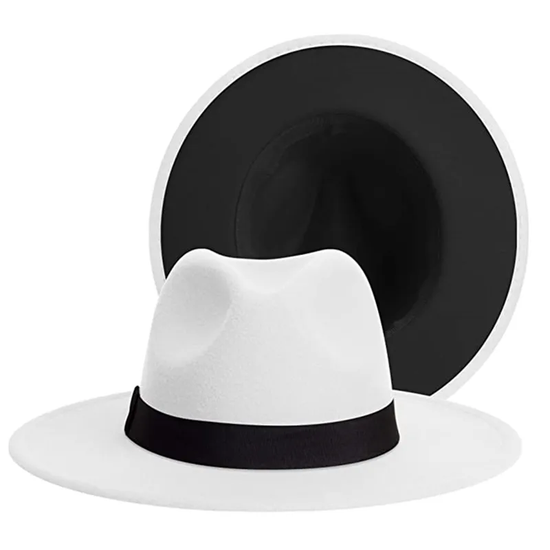 Classic Outside white inside BLak Patchwork Wide Brim Fedora Hat Men Women Two Tone Felt Fedora Hats Cowboy Jazz Hat Brown Belt