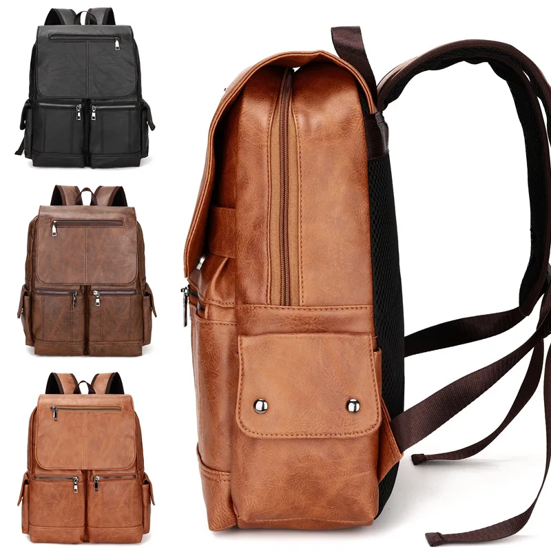 Mochila escolar de couro impermeável masculina, bolsa de viagem casual, marca de luxo, moda