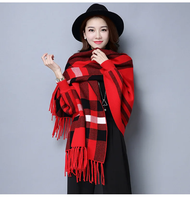 Women Autumn Long Batwing Sleeves Big Pendulum Cape Outstreet Wear Winter Knitted Striped Poncho Vintage Tassel Shawl Coat